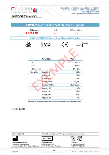 CRYOcheck™ Factor VIII Deficient Plasma Certificate of analysis